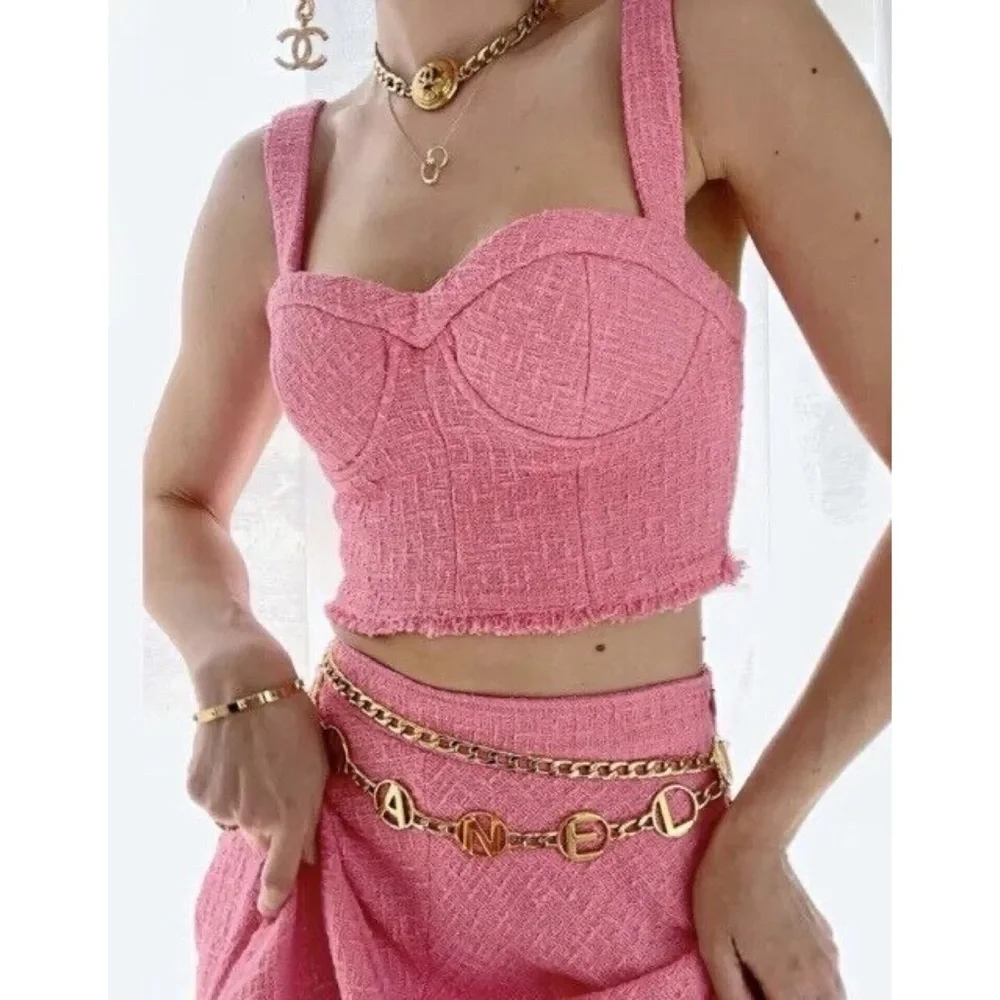 Zara Pink Textured Tweed Cropped Bustier Top BNWT